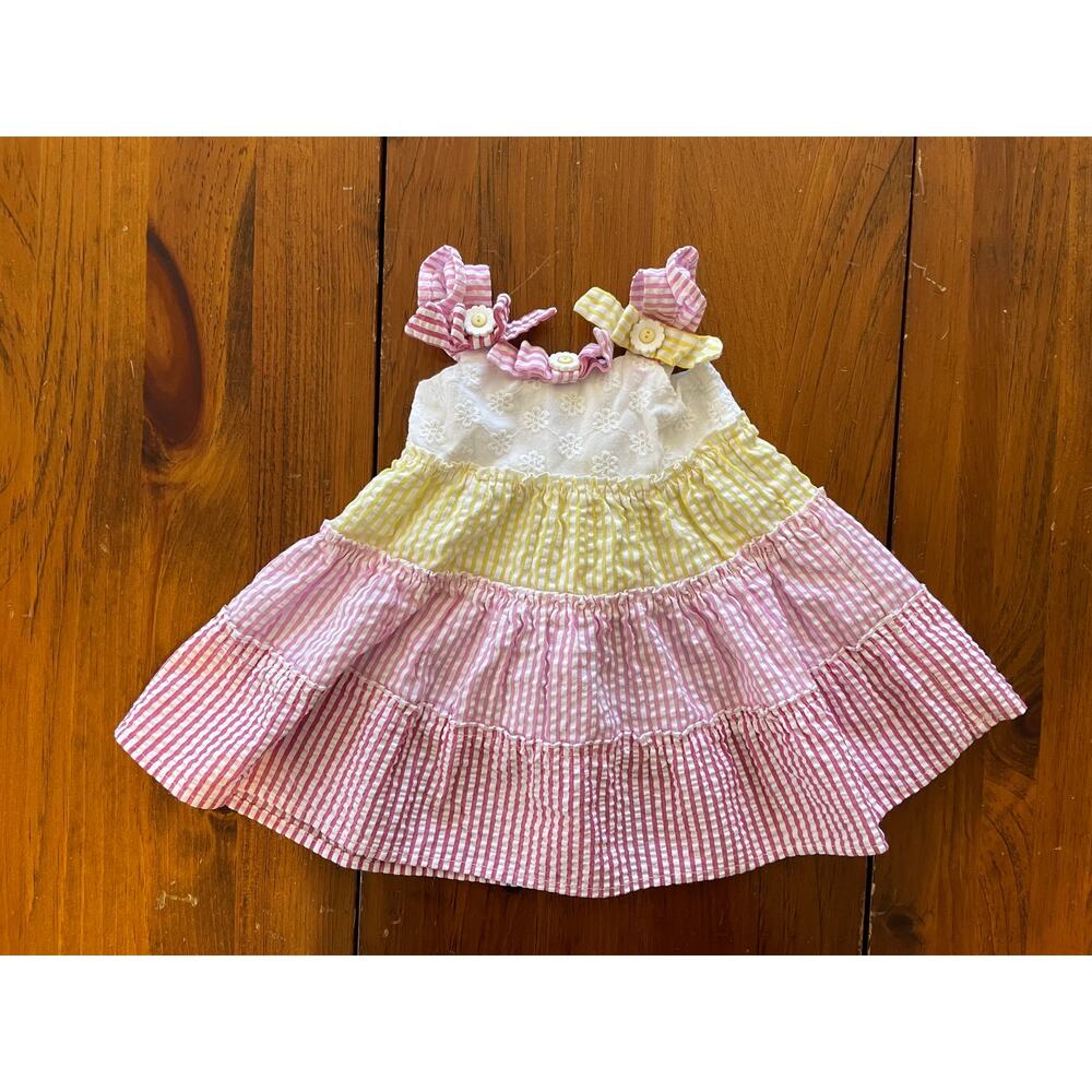 Blueberi Boulevard Dress 3/6 Month Style B1446 Pink/White/Yellow Bow Ruffle